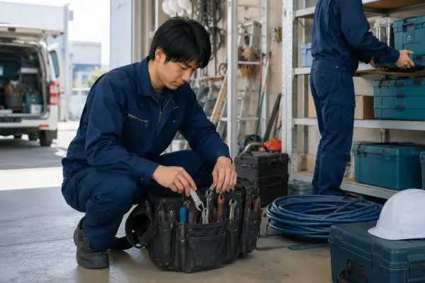 設備工事の準備をする作業員
